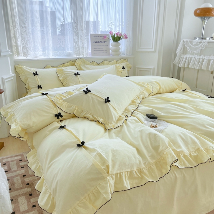 91家纺网 家纺一手货源 找家纺 玛奇朵 2022新款40S水洗棉手工订珠蝴蝶结-可可妮 可可妮-黄