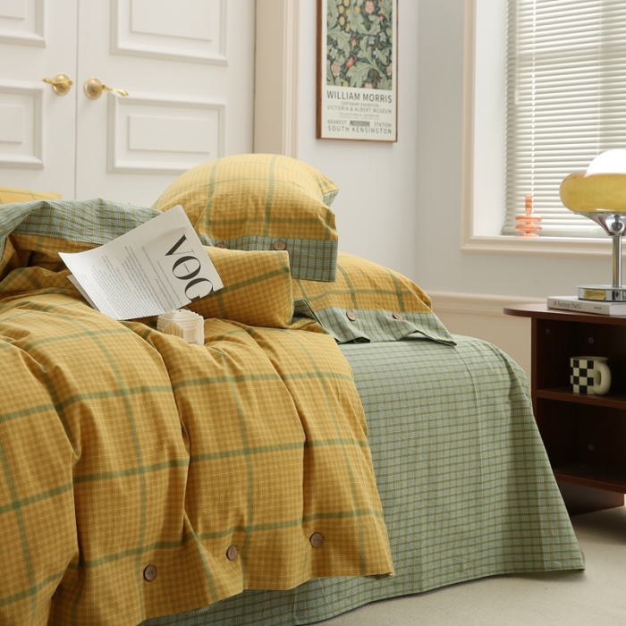 91家纺网 家纺一手货源 找家纺 (总)榻尚 2023新款经典田园格子纯棉色织水洗棉四件套系列