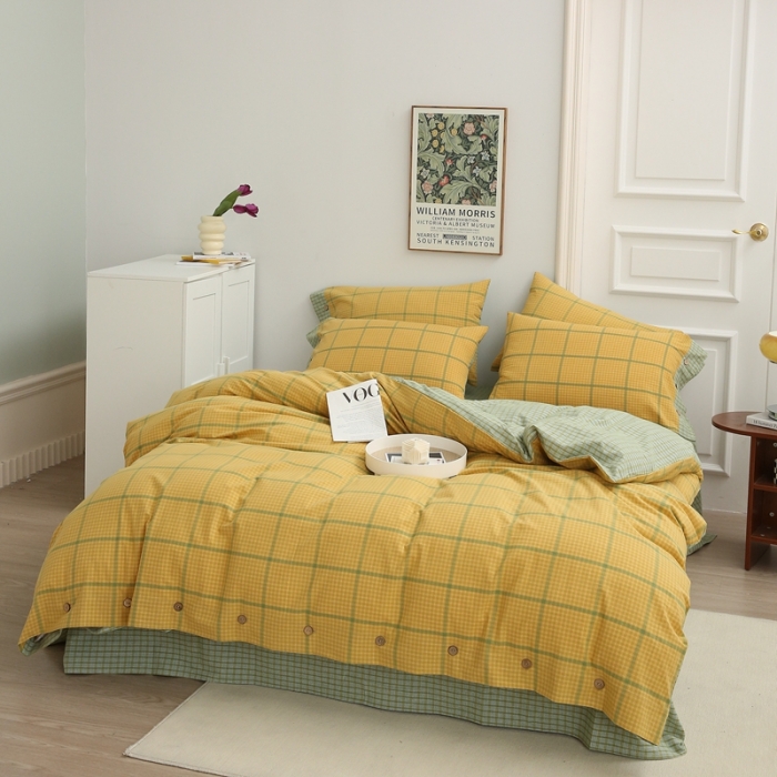 91家纺网 家纺一手货源 找家纺 榻尚家居 2023新款经典田园格子色织水洗棉四件套系列 安拧（柠檬）