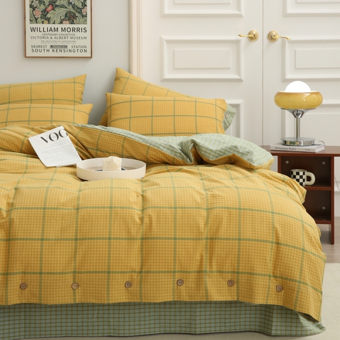 91家纺网 家纺一手货源 找家纺 榻尚家居 2023新款经典田园格子色织水洗棉四件套系列 安拧（柠檬）