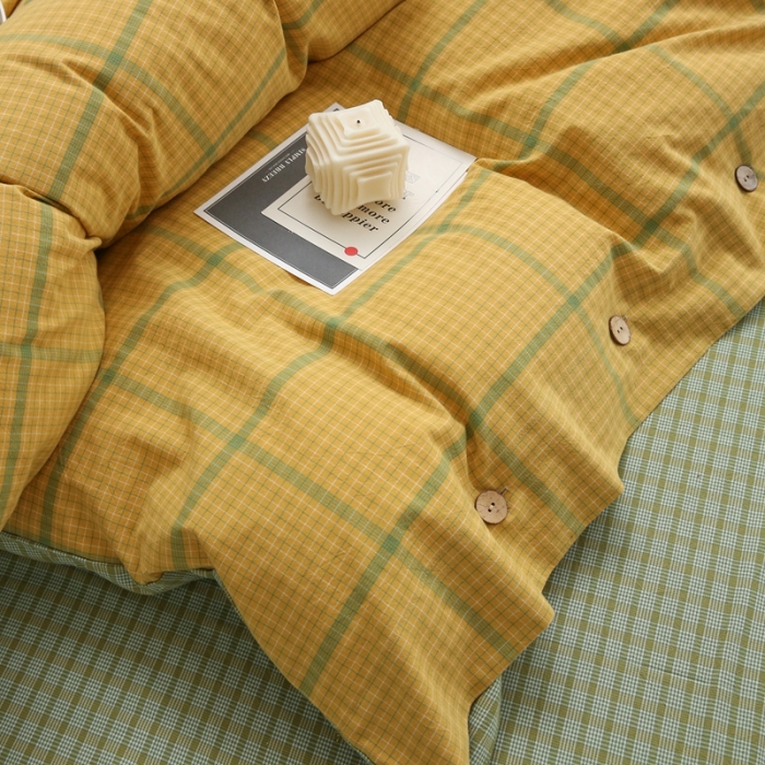 91家纺网 家纺一手货源 找家纺 榻尚家居 2023新款经典田园格子色织水洗棉四件套系列 安拧（柠檬）