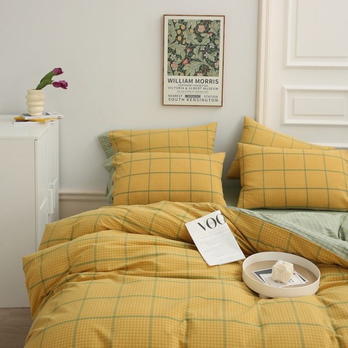91家纺网 家纺一手货源 找家纺 榻尚家居 2023新款经典田园格子色织水洗棉四件套系列 安拧（柠檬）