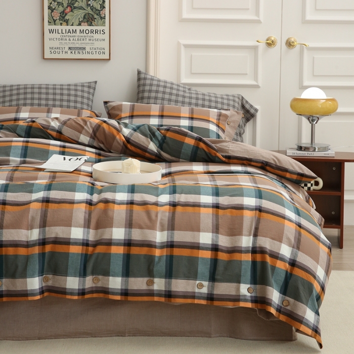 91家纺网 家纺一手货源 找家纺 榻尚家居 2023新款经典田园格子色织水洗棉四件套系列 华沙（棕绿）