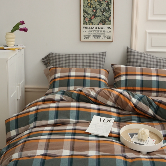 91家纺网 家纺一手货源 找家纺 榻尚家居 2023新款经典田园格子色织水洗棉四件套系列 华沙（棕绿）