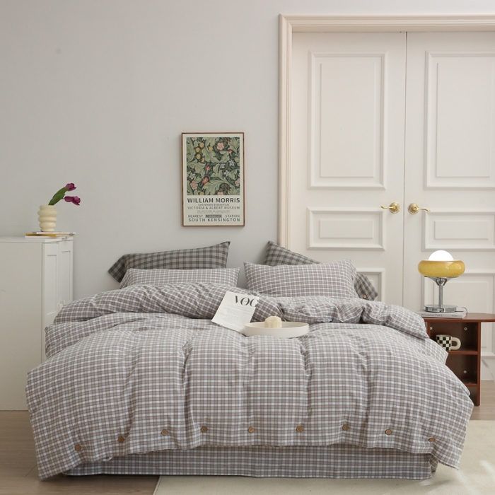 91家纺网 家纺一手货源 找家纺 榻尚家居 2023新款经典田园格子色织水洗棉四件套系列 沐色（黄灰）