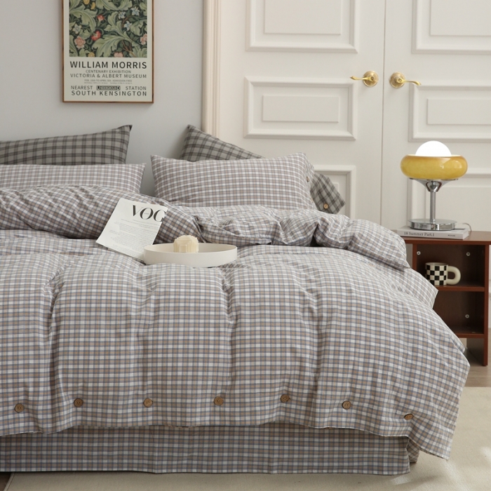 91家纺网 家纺一手货源 找家纺 榻尚家居 2023新款经典田园格子色织水洗棉四件套系列 沐色（黄灰）