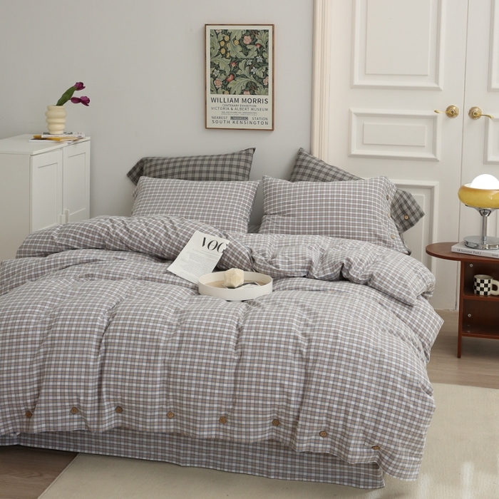 91家纺网 家纺一手货源 找家纺 榻尚家居 2023新款经典田园格子色织水洗棉四件套系列 沐色（黄灰）