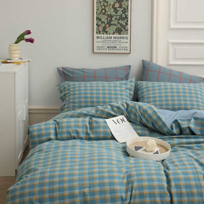 91家纺网 家纺一手货源 找家纺 榻尚家居 2023新款经典田园格子色织水洗棉四件套系列 诺兰（黄绿）