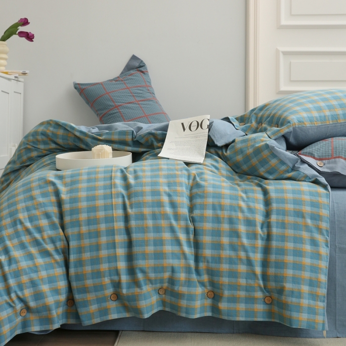 91家纺网 家纺一手货源 找家纺 榻尚家居 2023新款经典田园格子色织水洗棉四件套系列 诺兰（黄绿）