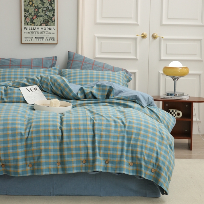 91家纺网 家纺一手货源 找家纺 榻尚家居 2023新款经典田园格子色织水洗棉四件套系列 诺兰（黄绿）