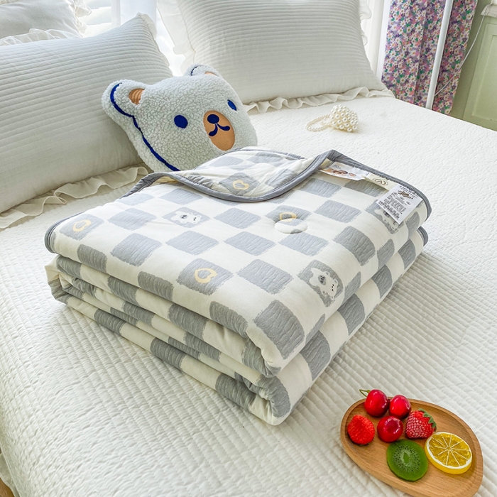 91家纺网 家纺一手货源 找家纺 梦享生活家居 2022新款针织棉卡通大豆夏被 棋盘格灰