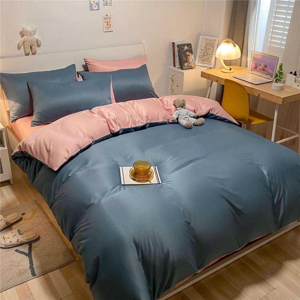 91家纺网 家纺一手货源 找家纺 古吉梦 新款水洗真丝纯色双拼-臻系列四件套 臻-宾利蓝