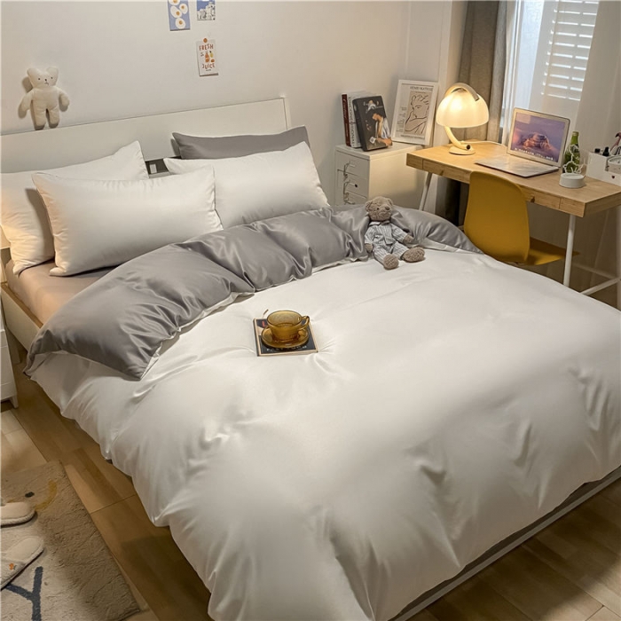 91家纺网 家纺一手货源 找家纺 古吉梦 新款水洗真丝纯色双拼-臻系列四件套 臻-贵族白