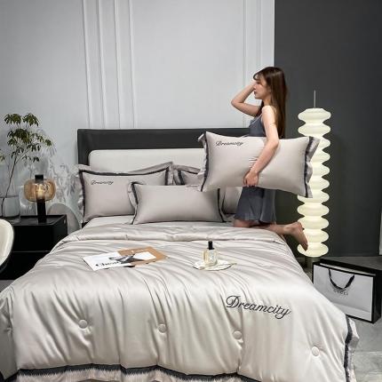 91家纺网 家纺一手货源 找家纺 丽卡家纺 2023新款水洗天丝刺绣夏被四件套 梦幻-米灰