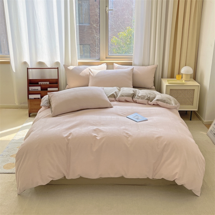 91家纺网 家纺一手货源 找家纺 蓝巢 2022新款A类华夫格全棉四件套 华夫格-浅粉