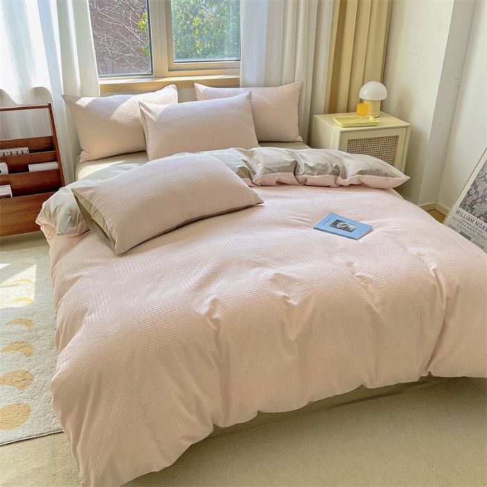 91家纺网 家纺一手货源 找家纺 蓝巢 2022新款A类华夫格全棉四件套 华夫格-浅粉