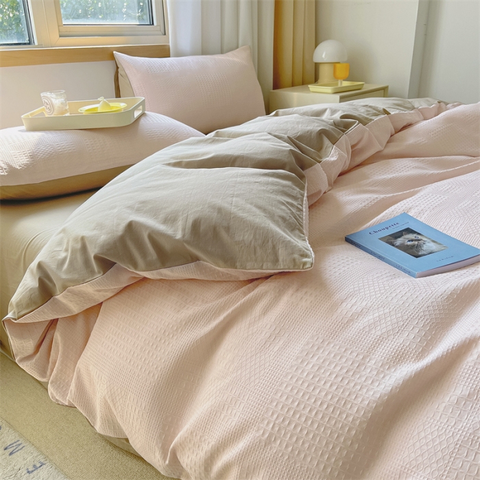 91家纺网 家纺一手货源 找家纺 蓝巢 2022新款A类华夫格全棉四件套 华夫格-浅粉