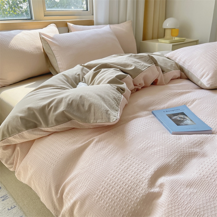 91家纺网 家纺一手货源 找家纺 蓝巢 2022新款A类华夫格全棉四件套 华夫格-浅粉