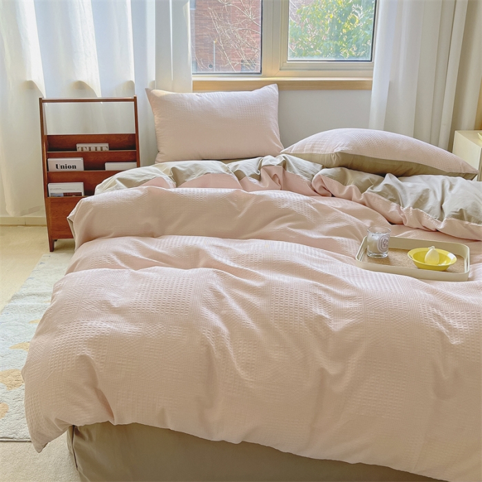 91家纺网 家纺一手货源 找家纺 蓝巢 2022新款A类华夫格全棉四件套 华夫格-浅粉