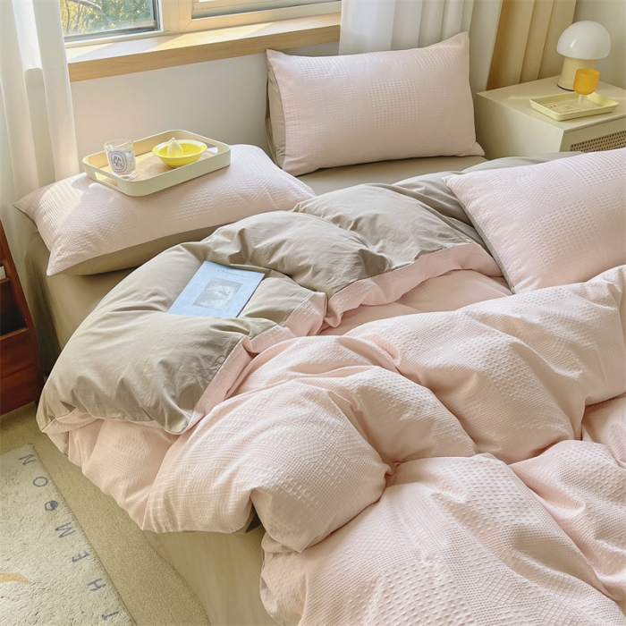 91家纺网 家纺一手货源 找家纺 蓝巢 2022新款A类华夫格全棉四件套 华夫格-浅粉