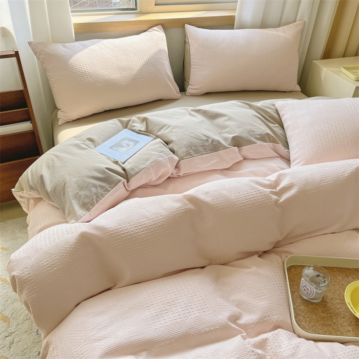 91家纺网 家纺一手货源 找家纺 蓝巢 2022新款A类华夫格全棉四件套 华夫格-浅粉