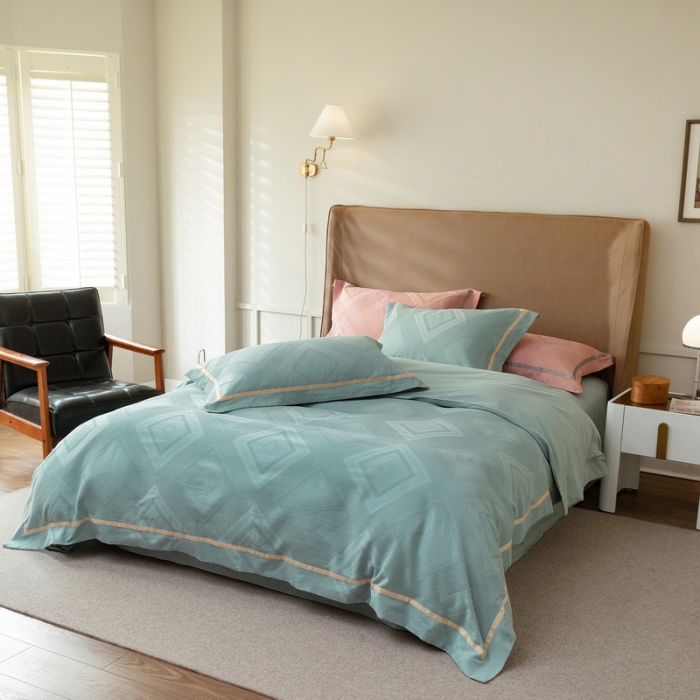 91家纺网 家纺一手货源 找家纺 艾莱2022新款华夫格全棉水洗棉四件套-卡诺凡卡诺凡-蓝水绿