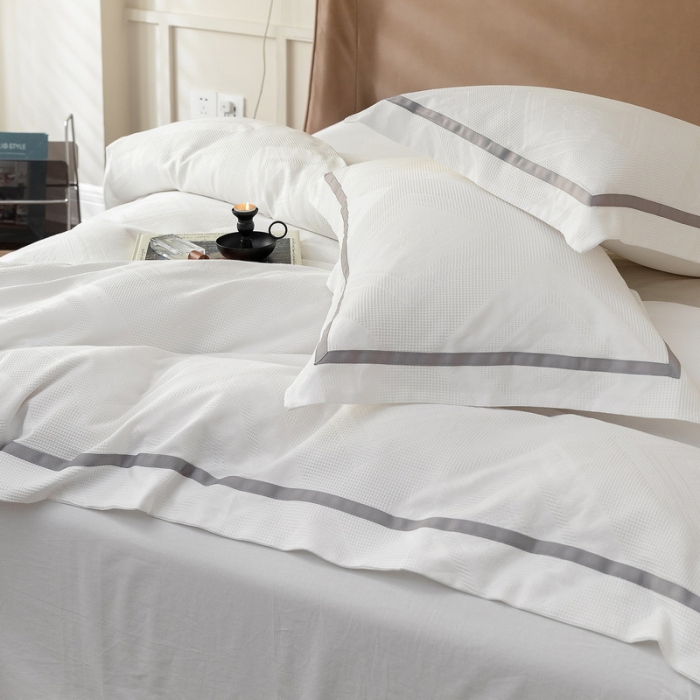 91家纺网 家纺一手货源 找家纺 艾莱2022新款华夫格全棉水洗棉四件套-卡诺凡卡诺凡-象牙白