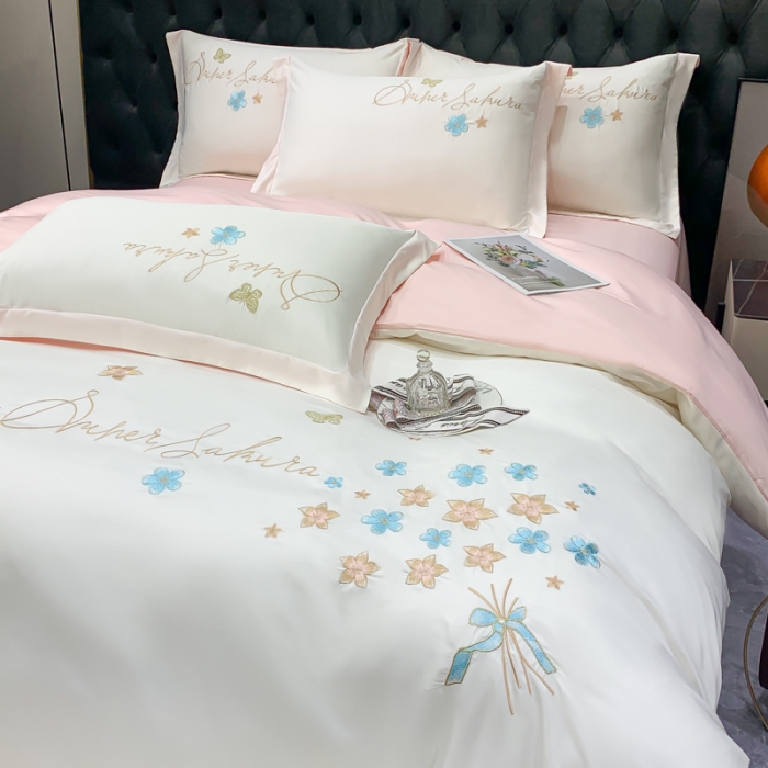 91家纺网 家纺一手货源 找家纺 安妮家居 2022新款水洗真丝刺绣四件套-花漾 白色