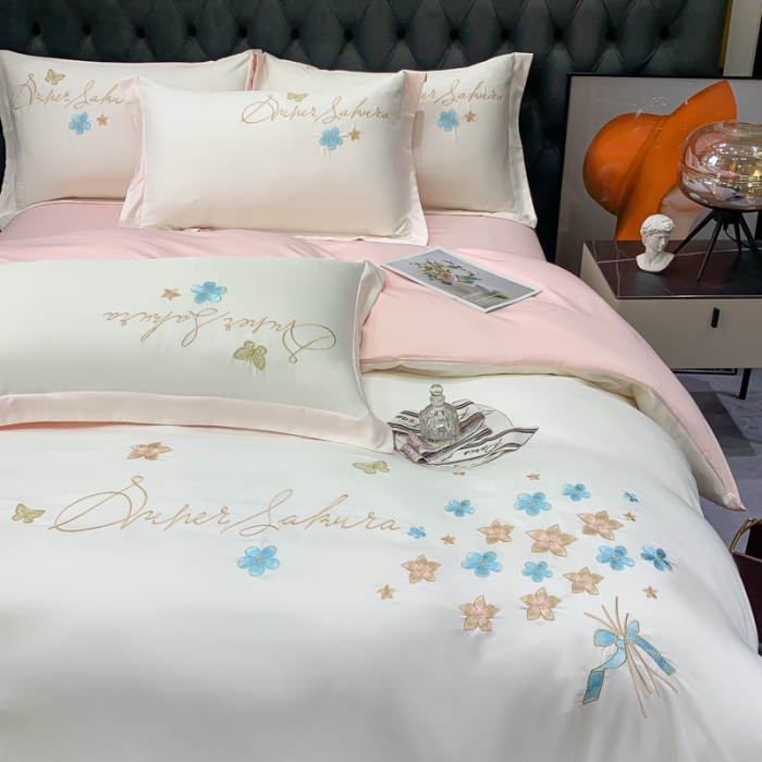 91家纺网 家纺一手货源 找家纺 安妮家居 2022新款水洗真丝刺绣四件套-花漾 白色