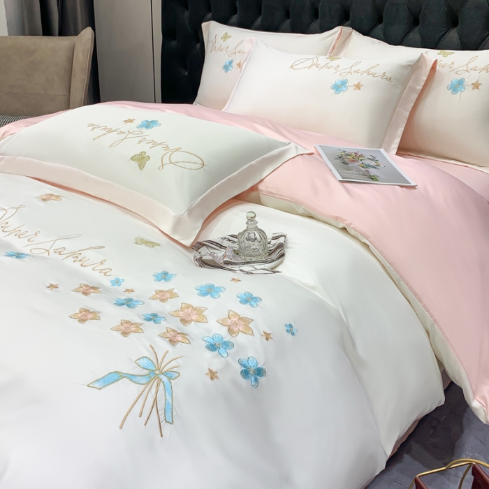 91家纺网 家纺一手货源 找家纺 安妮家居 2022新款水洗真丝刺绣四件套-花漾 白色