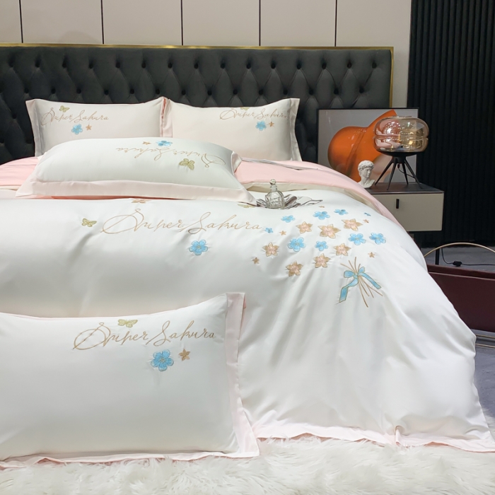 91家纺网 家纺一手货源 找家纺 安妮家居 2022新款水洗真丝刺绣四件套-花漾 白色