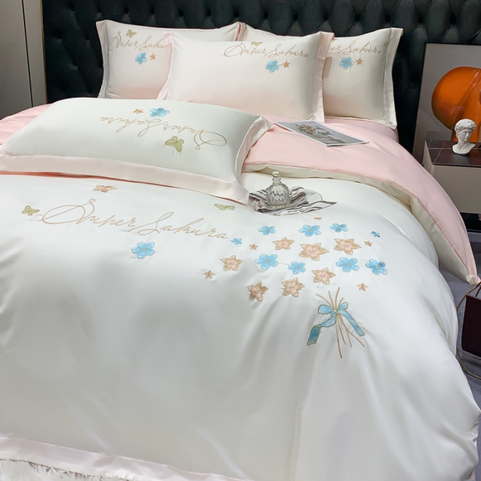 91家纺网 家纺一手货源 找家纺 安妮家居 2022新款水洗真丝刺绣四件套-花漾 白色