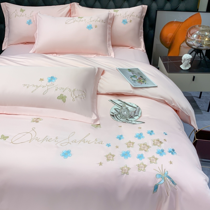 91家纺网 家纺一手货源 找家纺 安妮家居 2022新款水洗真丝刺绣四件套-花漾 柔粉