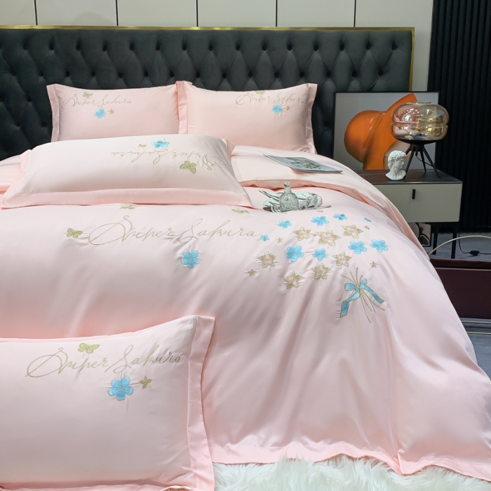 91家纺网 家纺一手货源 找家纺 安妮家居 2022新款水洗真丝刺绣四件套-花漾 柔粉