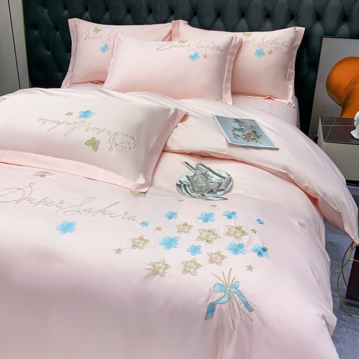 91家纺网 家纺一手货源 找家纺 安妮家居 2022新款水洗真丝刺绣四件套-花漾 柔粉