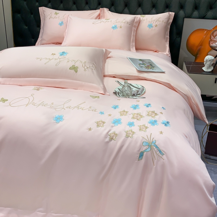 91家纺网 家纺一手货源 找家纺 安妮家居 2022新款水洗真丝刺绣四件套-花漾 柔粉