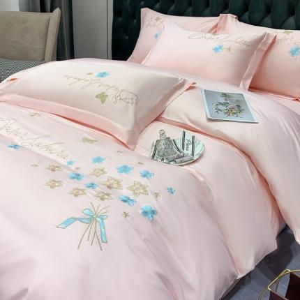 安妮家居 2022新款水洗真丝刺绣四件套-花漾 柔粉