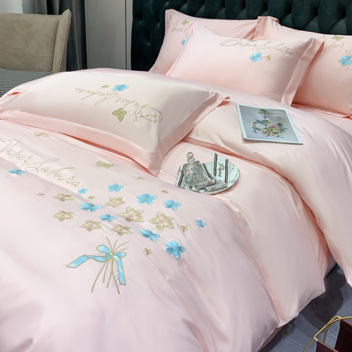 91家纺网 家纺一手货源 找家纺 安妮家居 2022新款水洗真丝刺绣四件套-花漾 柔粉