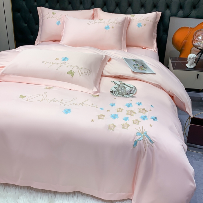 91家纺网 家纺一手货源 找家纺 安妮家居 2022新款水洗真丝刺绣四件套-花漾 柔粉