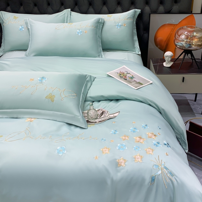 91家纺网 家纺一手货源 找家纺 安妮家居 2022新款水洗真丝刺绣四件套-花漾 水绿