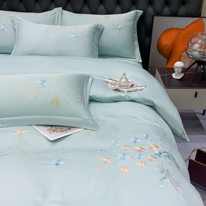 91家纺网 家纺一手货源 找家纺 安妮家居 2022新款水洗真丝刺绣四件套-花漾 水绿