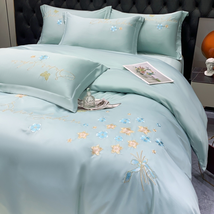 91家纺网 家纺一手货源 找家纺 安妮家居 2022新款水洗真丝刺绣四件套-花漾 水绿