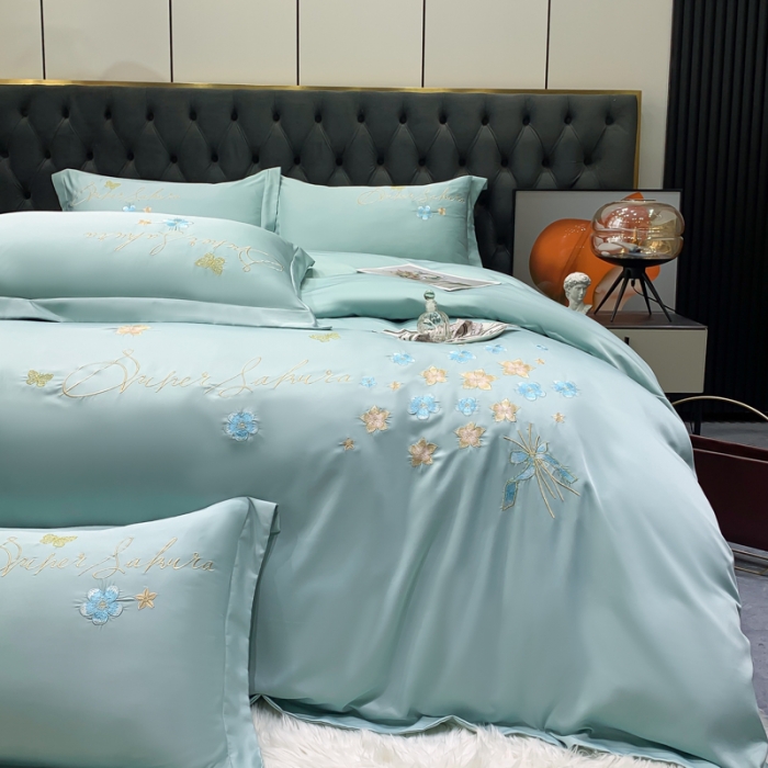 91家纺网 家纺一手货源 找家纺 安妮家居 2022新款水洗真丝刺绣四件套-花漾 水绿