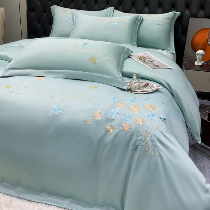 91家纺网 家纺一手货源 找家纺 安妮家居 2022新款水洗真丝刺绣四件套-花漾 水绿