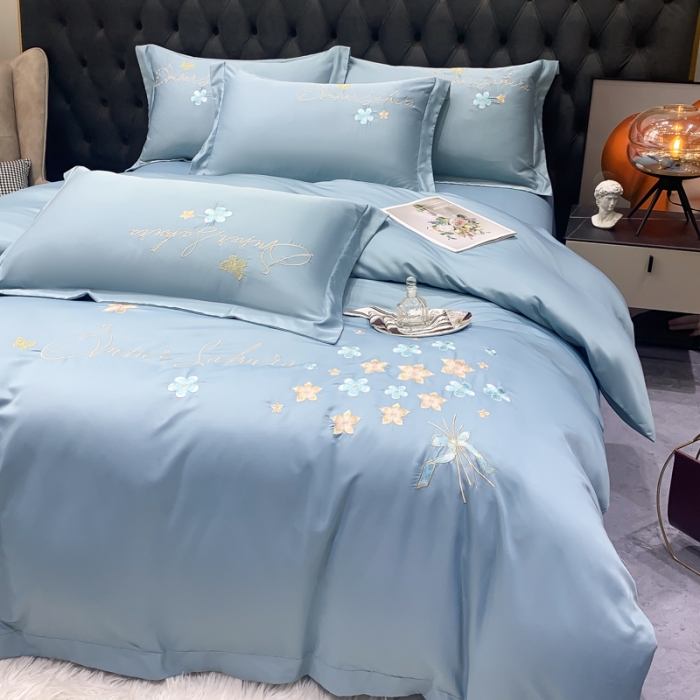 91家纺网 家纺一手货源 找家纺 安妮家居 2022新款水洗真丝刺绣四件套-花漾 星蓝