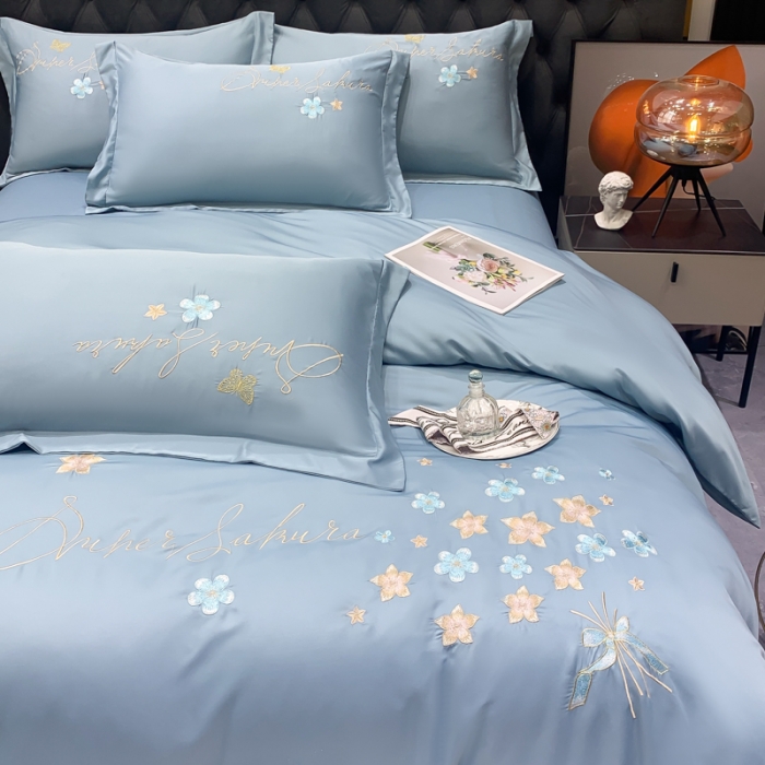 91家纺网 家纺一手货源 找家纺 安妮家居 2022新款水洗真丝刺绣四件套-花漾 星蓝