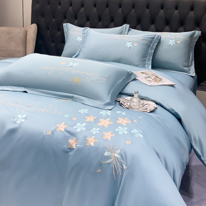 91家纺网 家纺一手货源 找家纺 安妮家居 2022新款水洗真丝刺绣四件套-花漾 星蓝