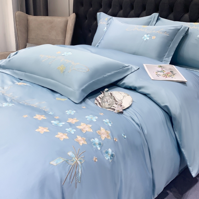 91家纺网 家纺一手货源 找家纺 安妮家居 2022新款水洗真丝刺绣四件套-花漾 星蓝