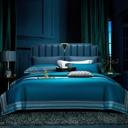 91家纺网 家纺一手货源 找家纺 （总）雅韵诗真丝馆 2023新款全棉色织拼边四件套（不退换）,色织拼边孔雀蓝,色织拼边深灰