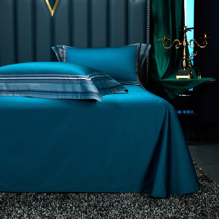 91家纺网 家纺一手货源 找家纺 雅韵诗真丝馆 2023新款全棉色织拼边四件套 色织拼边孔雀蓝